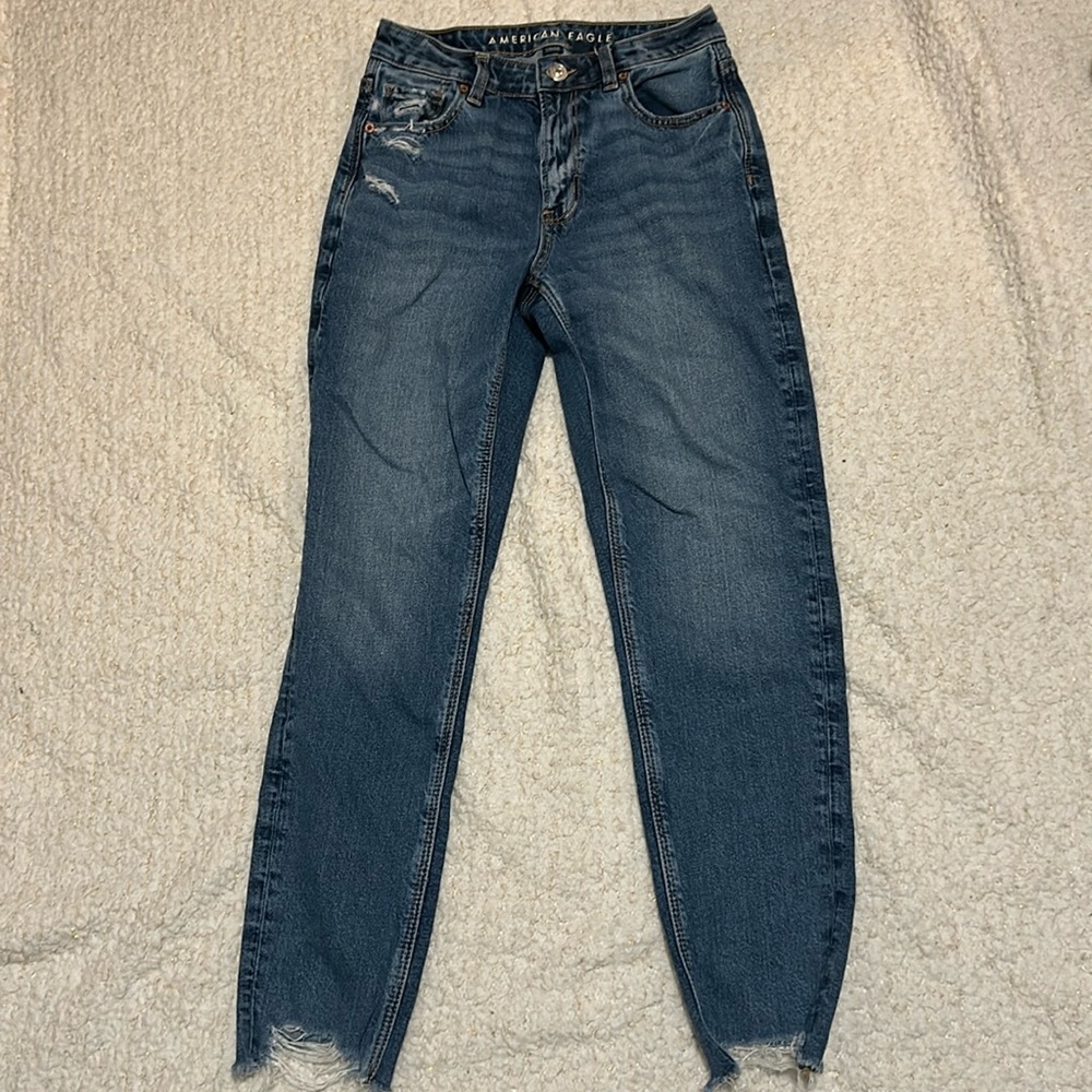 American Eagle Outfitters Dark Blue Distressed High-Rise Mom Jeans